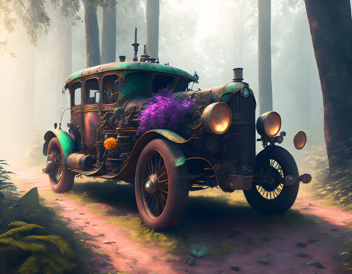 Vintage Car with Ornate Details in Misty Forest with Purple Flowers