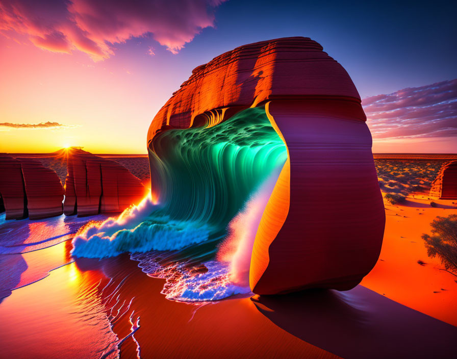 Surreal desert landscape: giant wave rock formation under dramatic sunset