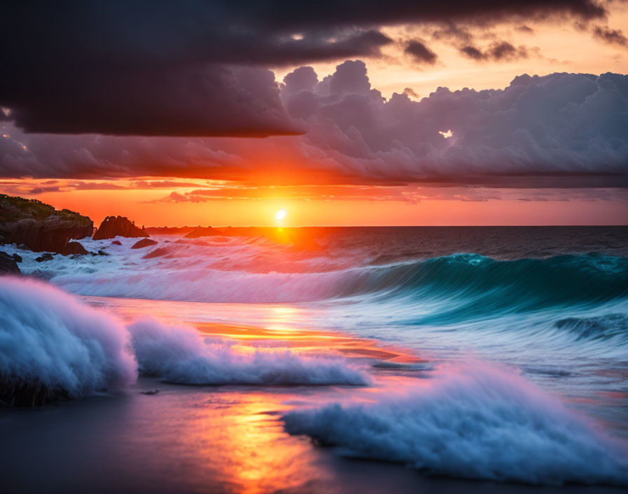 Dramatic sunset over turbulent sea with crashing waves and dark clouds