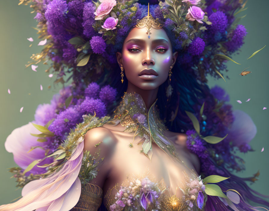 Mystical woman with luxurious crown and purple flower garments