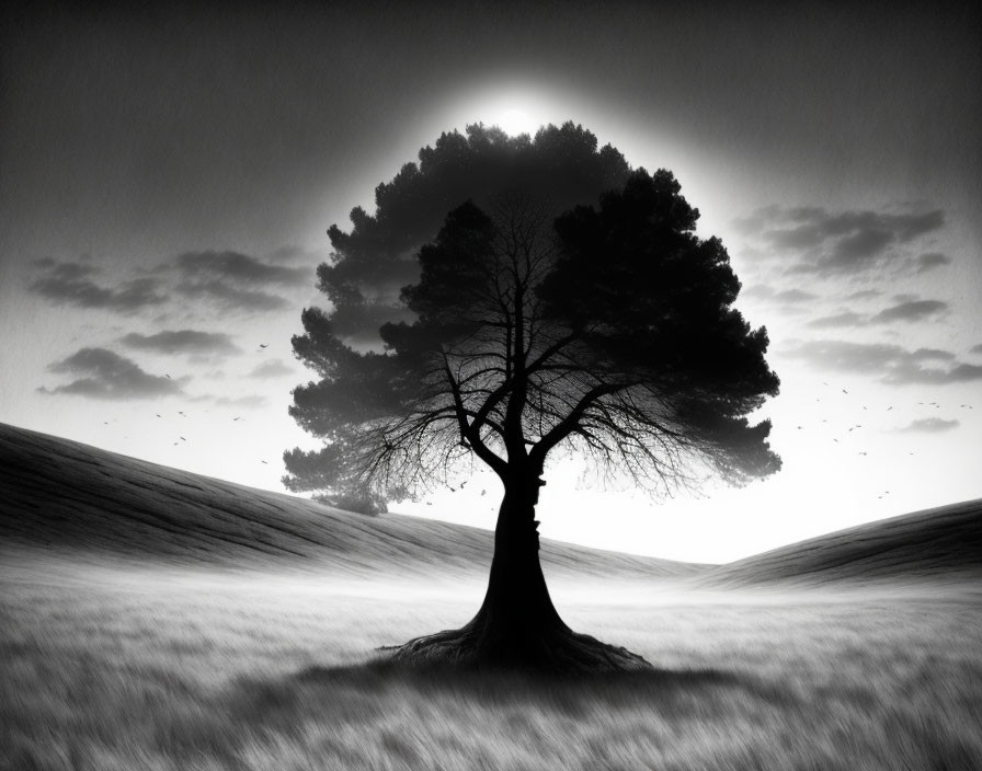 Solitary tree on undulating terrain with silhouetted leaves and flying birds