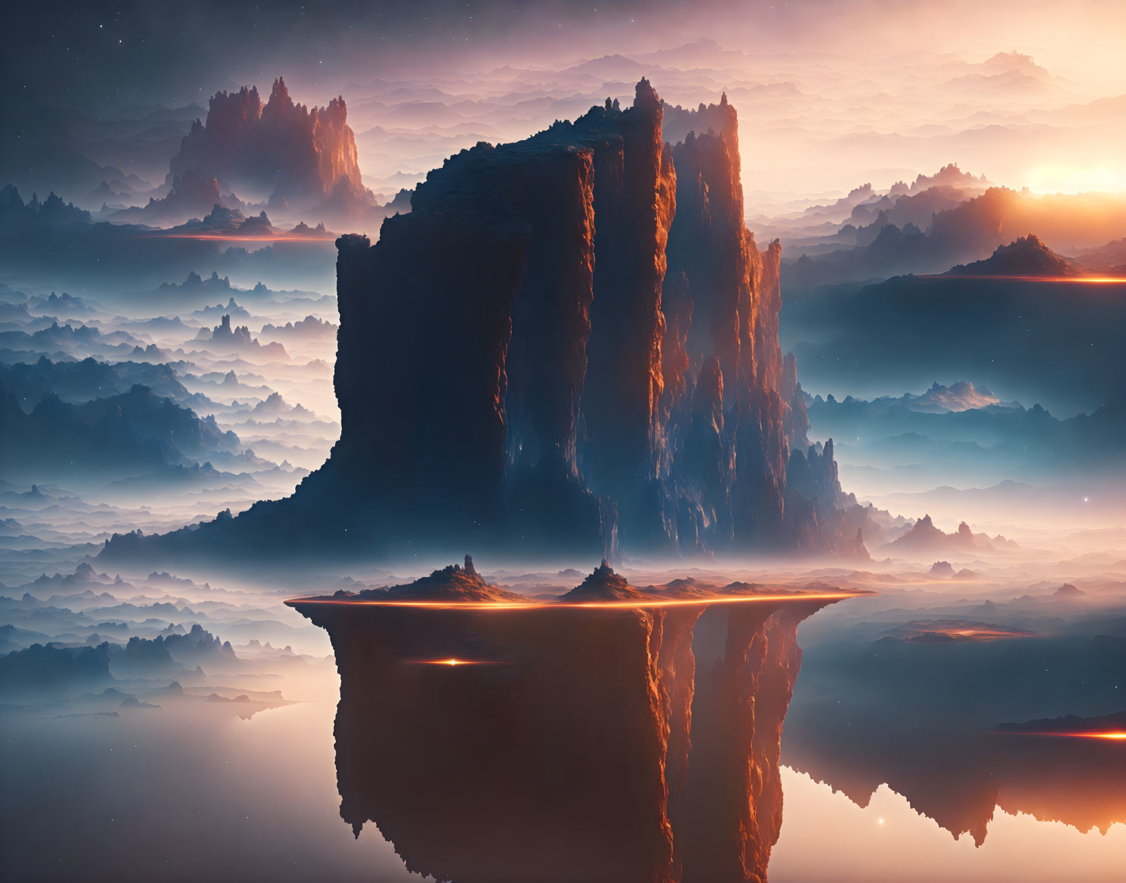 Majestic cliffs in cloudy sunrise reflection