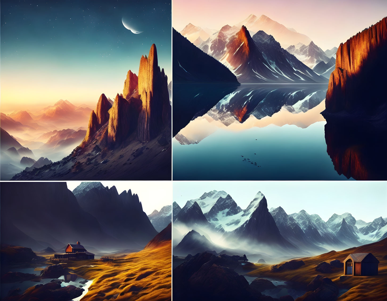 Scenic landscape collage: mountains, skies, lakes, cabin under stars