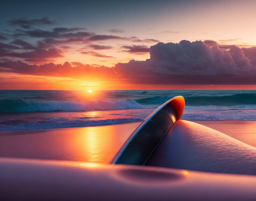 Surfboard on Sandy Beach with Ocean Waves and Vibrant Sunset