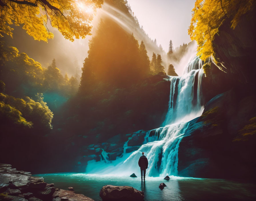 Person admiring lush waterfall in sunlight.