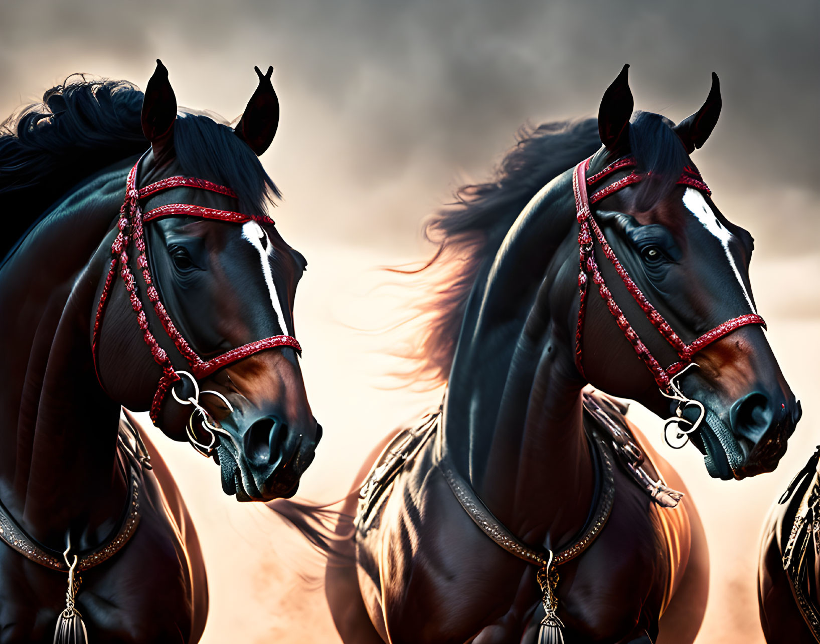 Majestic dark horses with shining coats in red bridles under dramatic sky