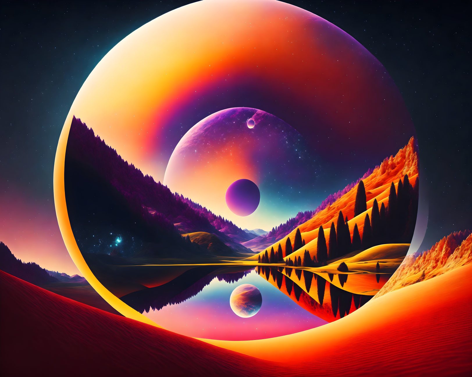 Surreal moon over mountain landscape with mirror lake