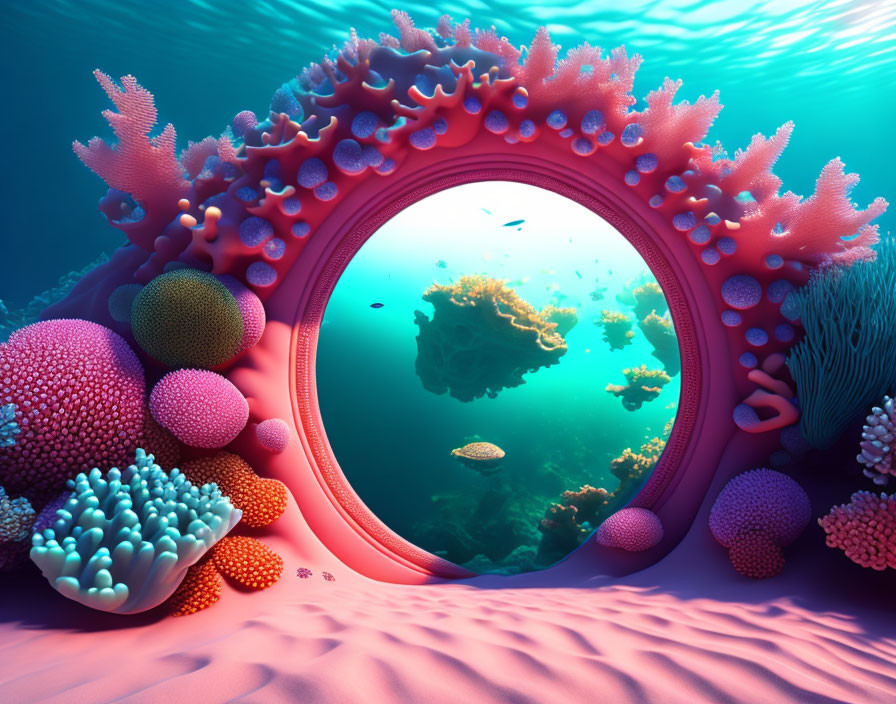 Colorful Coral Formations Surround Circular Portal in Underwater Scene