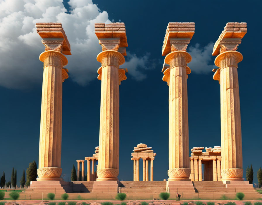 Ancient stone pillars with ornate capitals against vivid blue sky