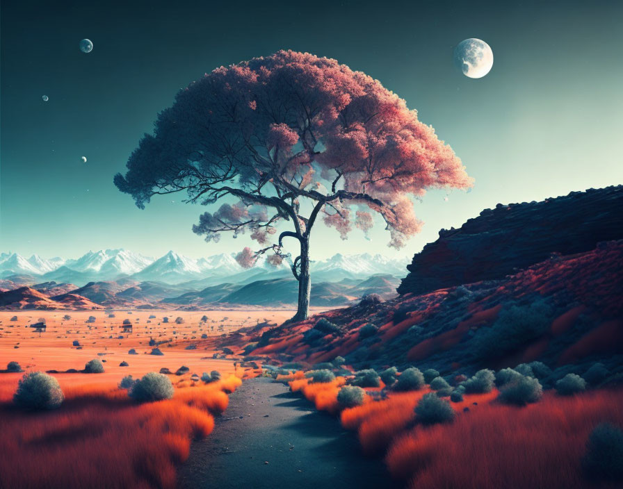 Vibrant pink tree, red grass, snow-capped mountains, and two moons in surreal landscape