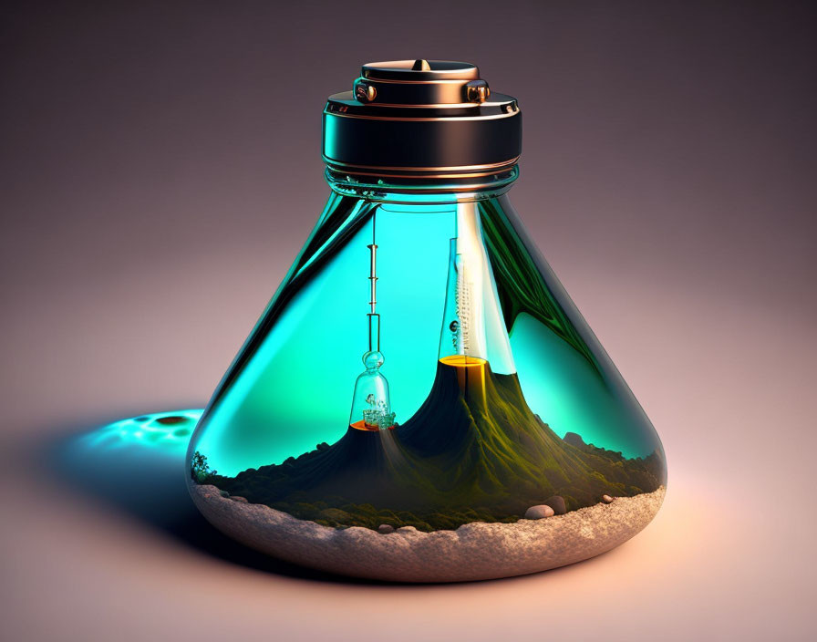 Surreal illustration of flask with volcanic landscape emitting blue glow