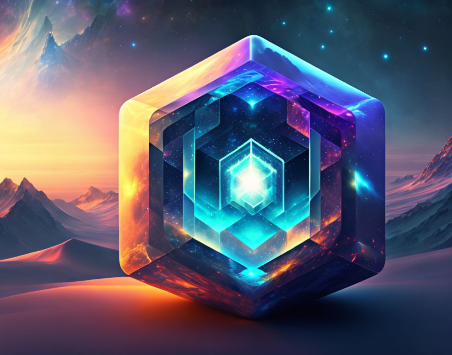 Ethereal glowing cube over surreal cosmic landscape