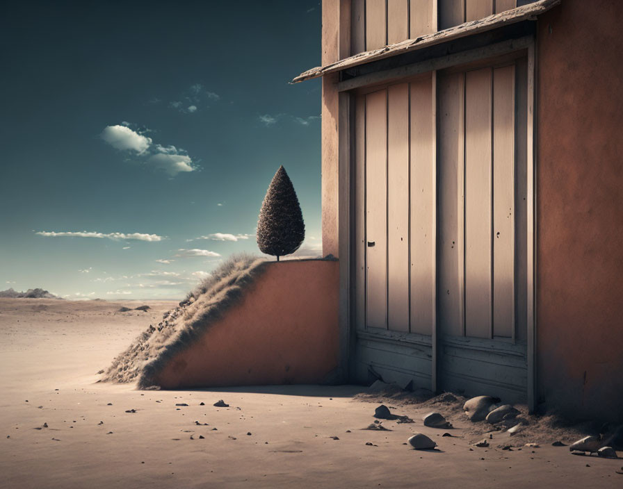 Solitary conical tree by sandy wall under clear sky with distant dunes