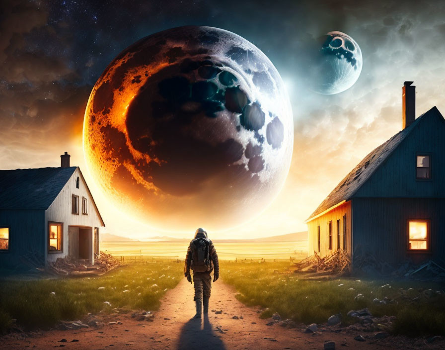 Astronaut near surreal cottages with massive planets at sunset