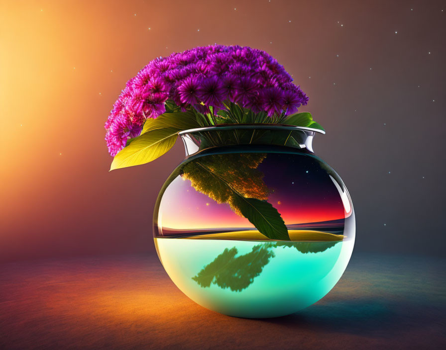 Round vase with surreal landscape, water, sunset, stars, purple flowers, and green leaves