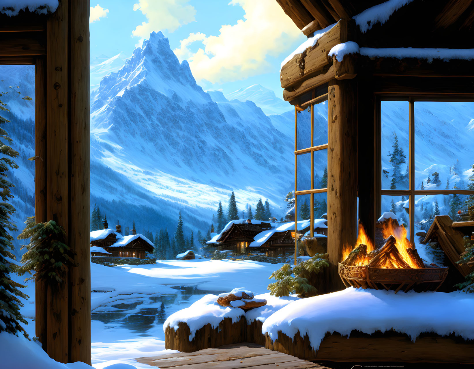 Winter cabin view of snowy village and mountain.