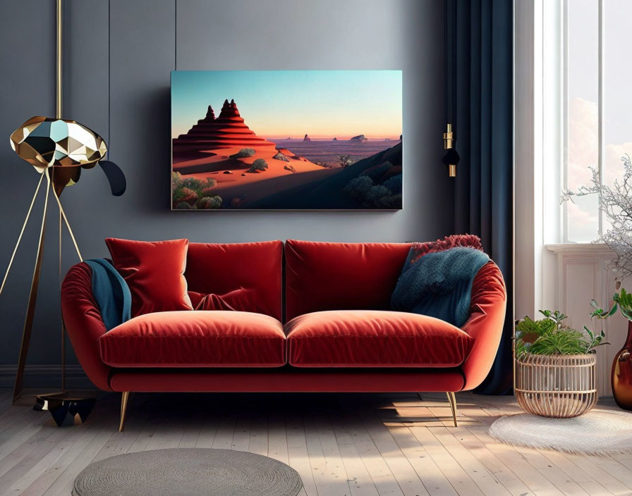 Red Sofa, Blue Walls, Desert Painting, Geometric Lamp in Cozy Living Room