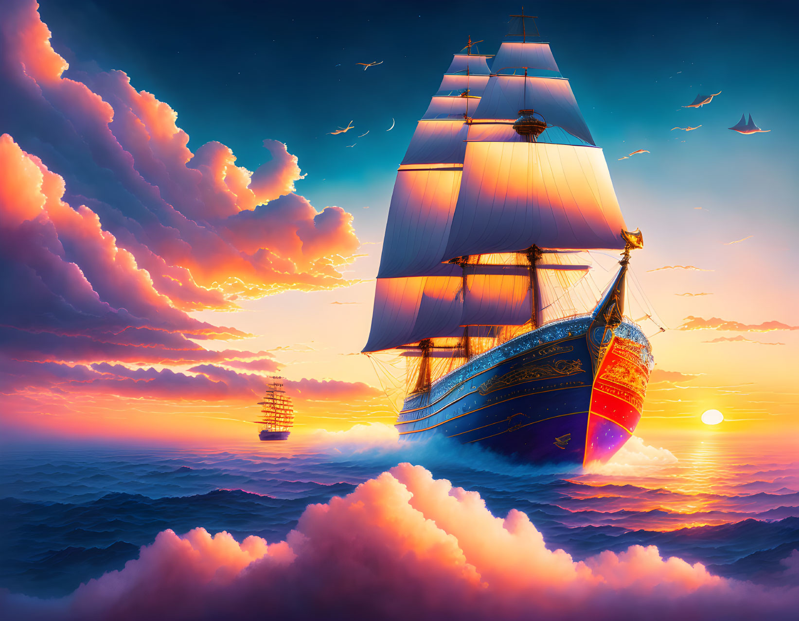 Majestic sailing ship at sunset on ocean with vibrant sky