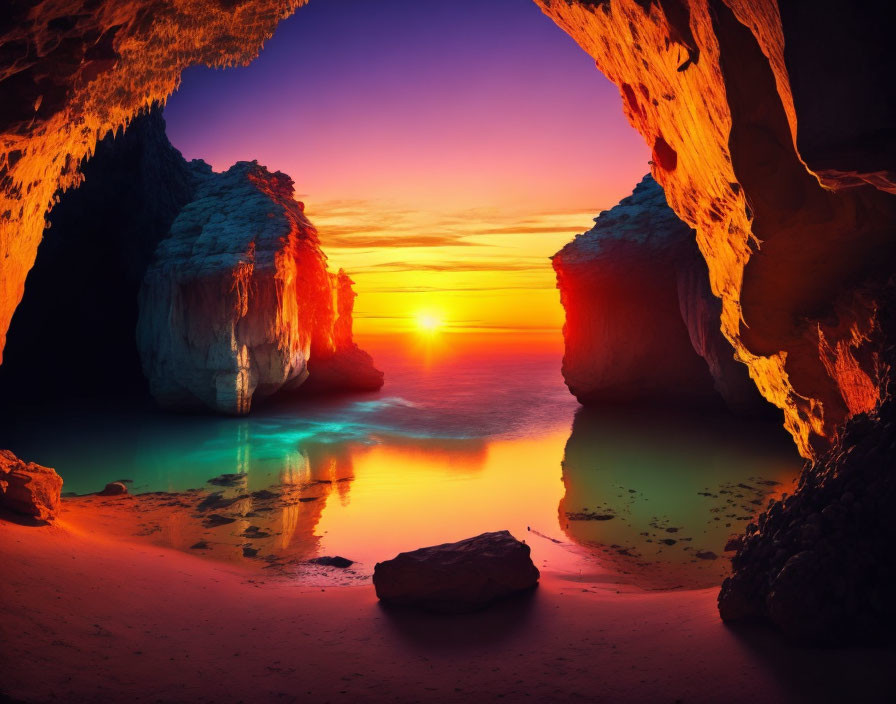 Scenic sunset over beach cave with orange and blue sky reflected on water