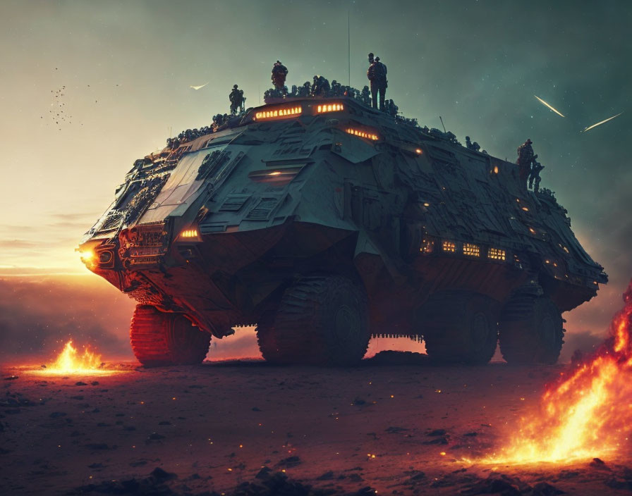 Armored vehicle on alien landscape at sunset with people and falling debris