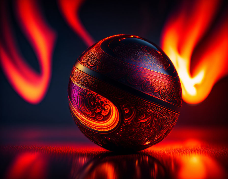 Patterned Sphere Against Fiery Orange and Red Backdrop