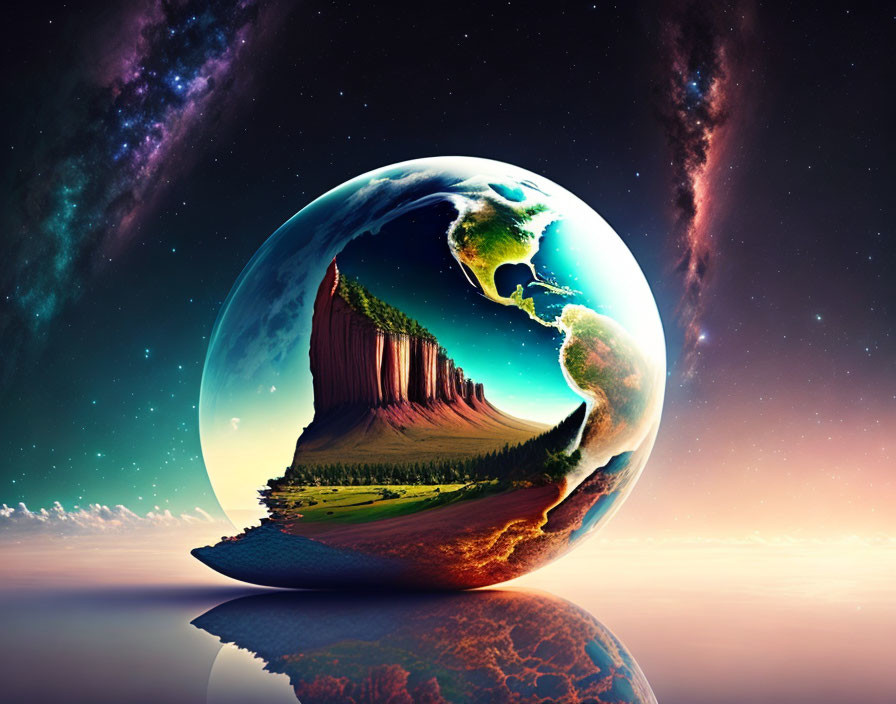 Surreal Earth depiction with peeled layers against starry sky