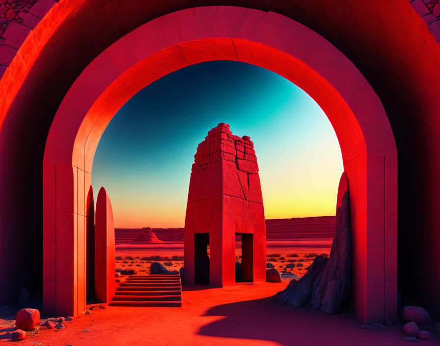 Surreal red archway and ancient stone structure in desert twilight