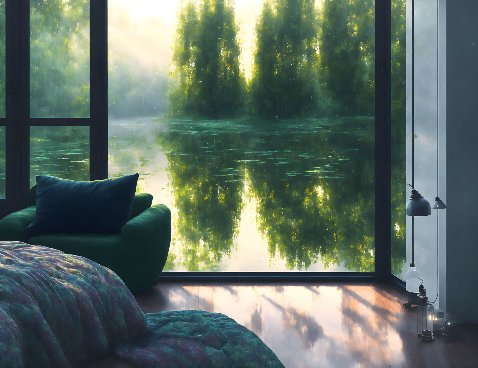 Tranquil bedroom with large lake view window