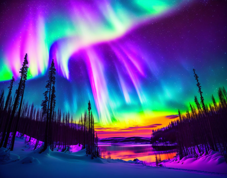 Colorful aurora borealis above snowy landscape with frozen lake, silhouetted pine trees,