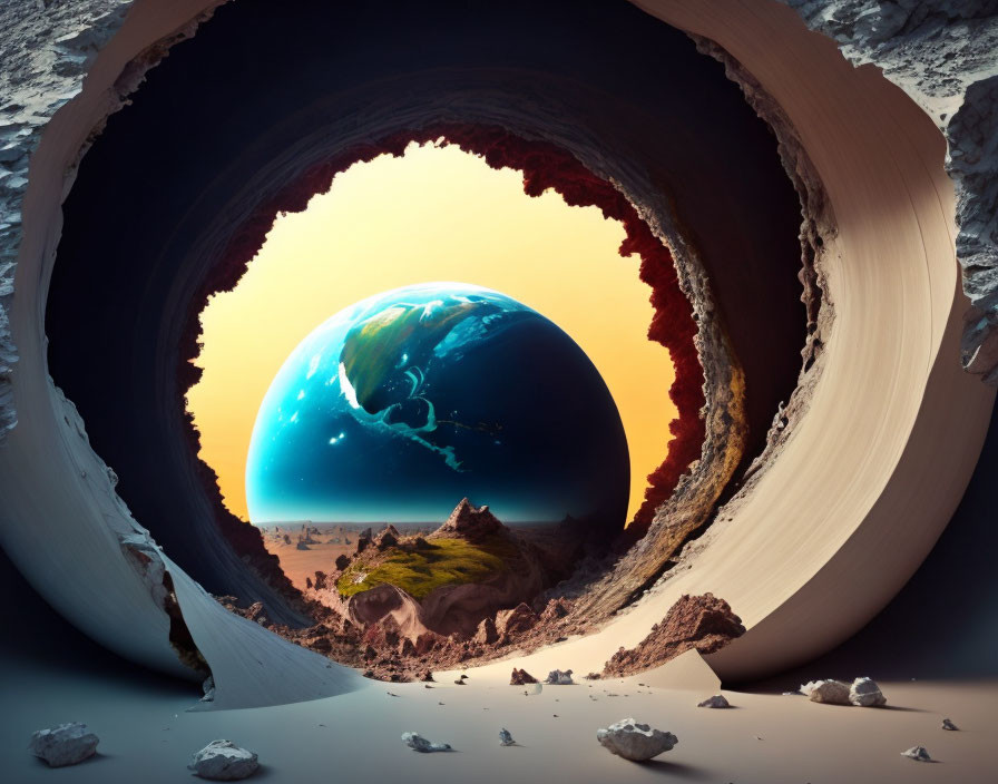 Surreal Earth view through circular opening with rocky textures