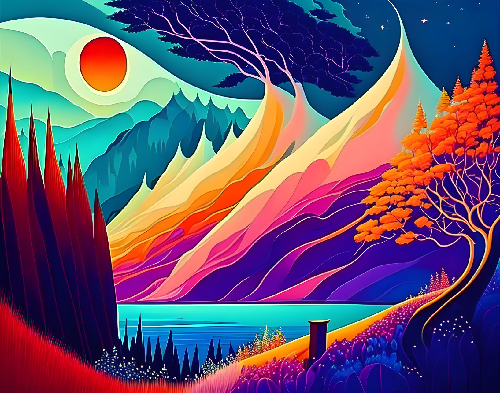 Colorful Mountain Landscape with Lake, Trees, and Whimsical Sky