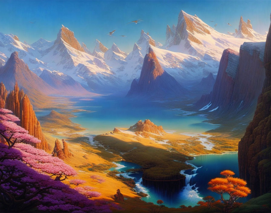 Vibrant Fantasy Landscape with Snowy Mountains and Blooming Trees