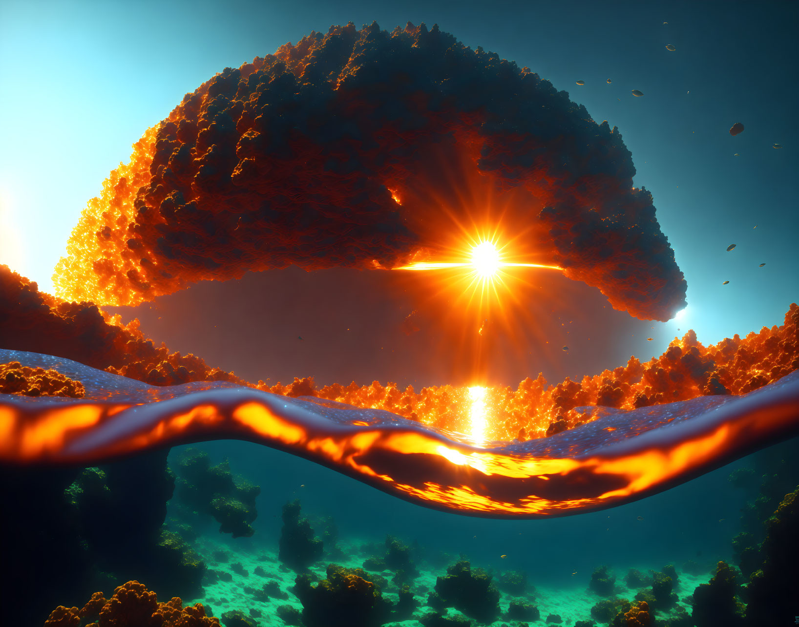 Digital Art: Molten Scenery with Fiery Rocks and Radiant Sun