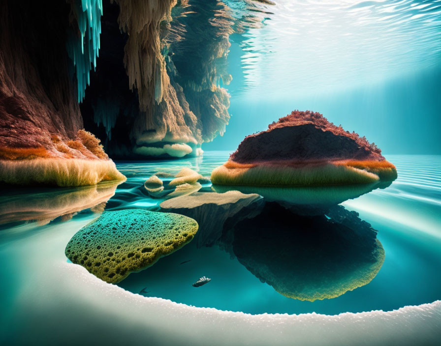 Tranquil underwater cave with vibrant mineral formations