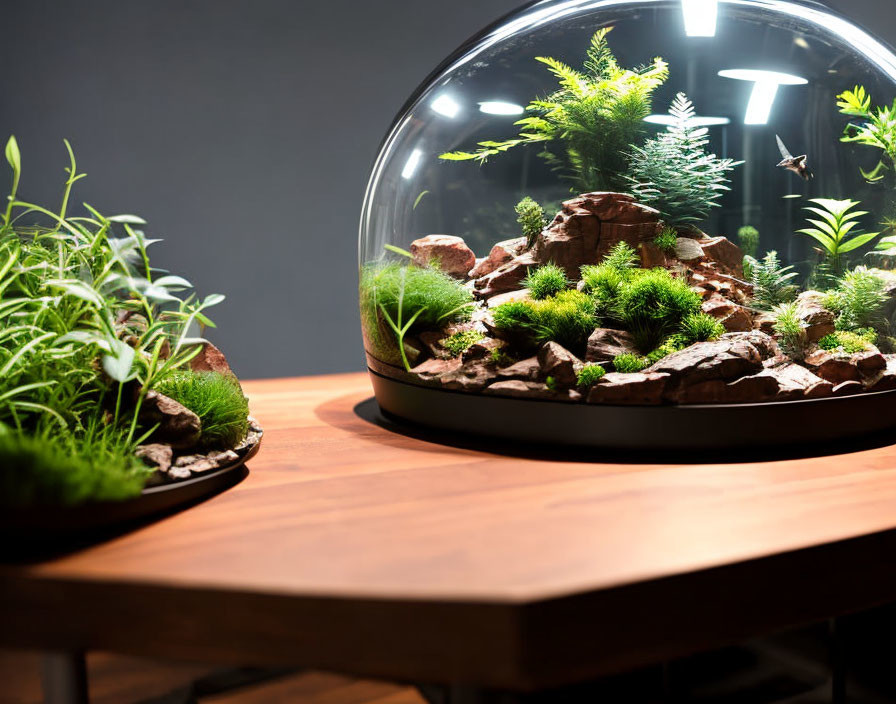 Lush Greenery and Rocks Terrarium on Wooden Table