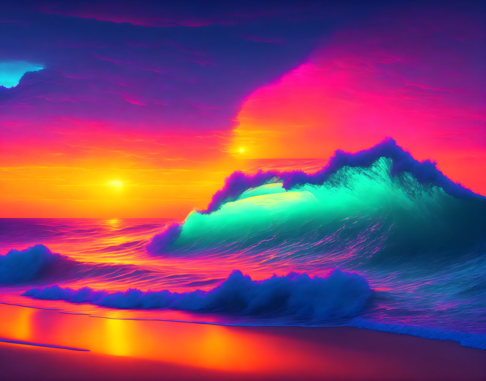 Neon-lit wave against sunset in vibrant colors