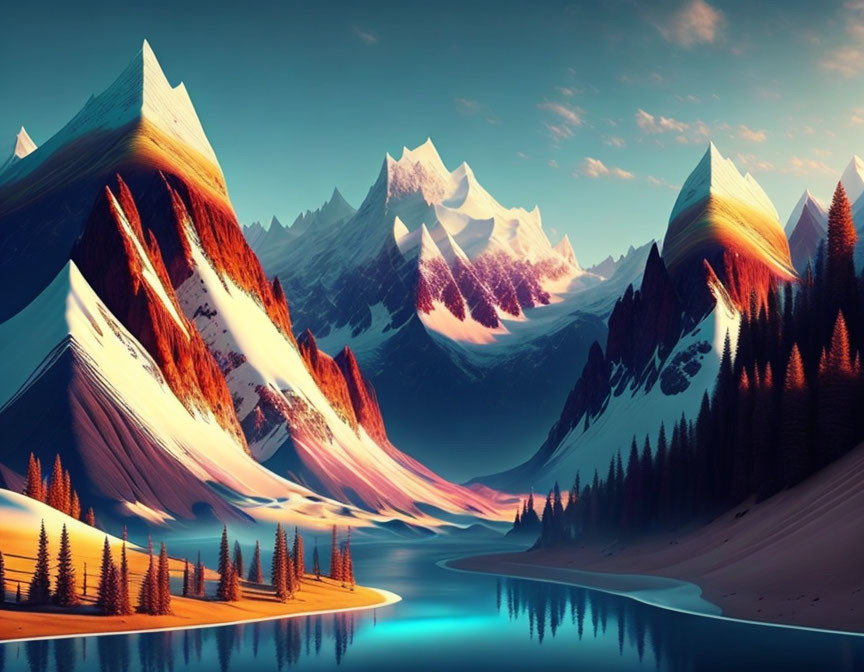 Colorful pointed mountains in serene digital landscape