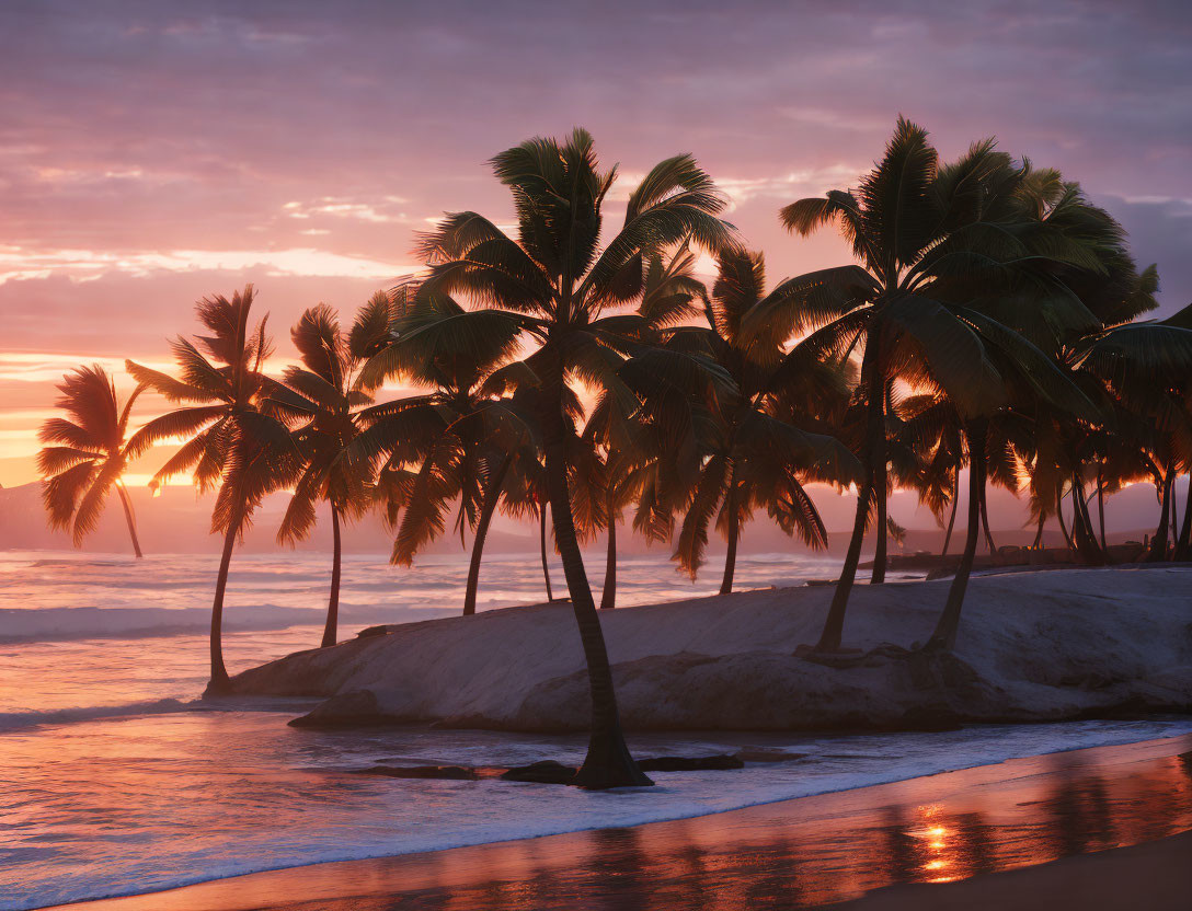 Palm trees silhouetted at sunset over beach with gentle waves