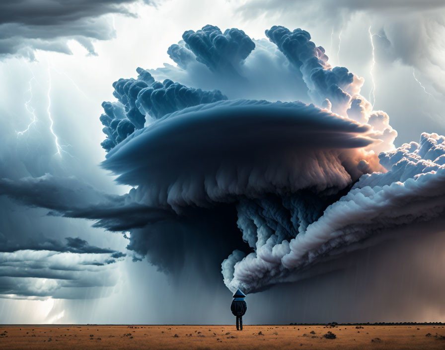 Massive supercell thunderstorm with lightning strikes on plain