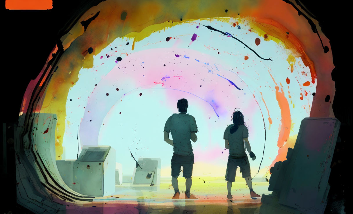 Silhouetted figures before vibrant portal and colorful debris