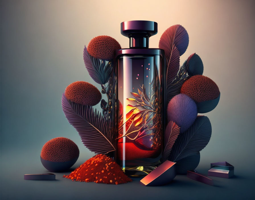 Conceptual Art: Ornate Flora Perfume Bottle Amid Crimson Leaves