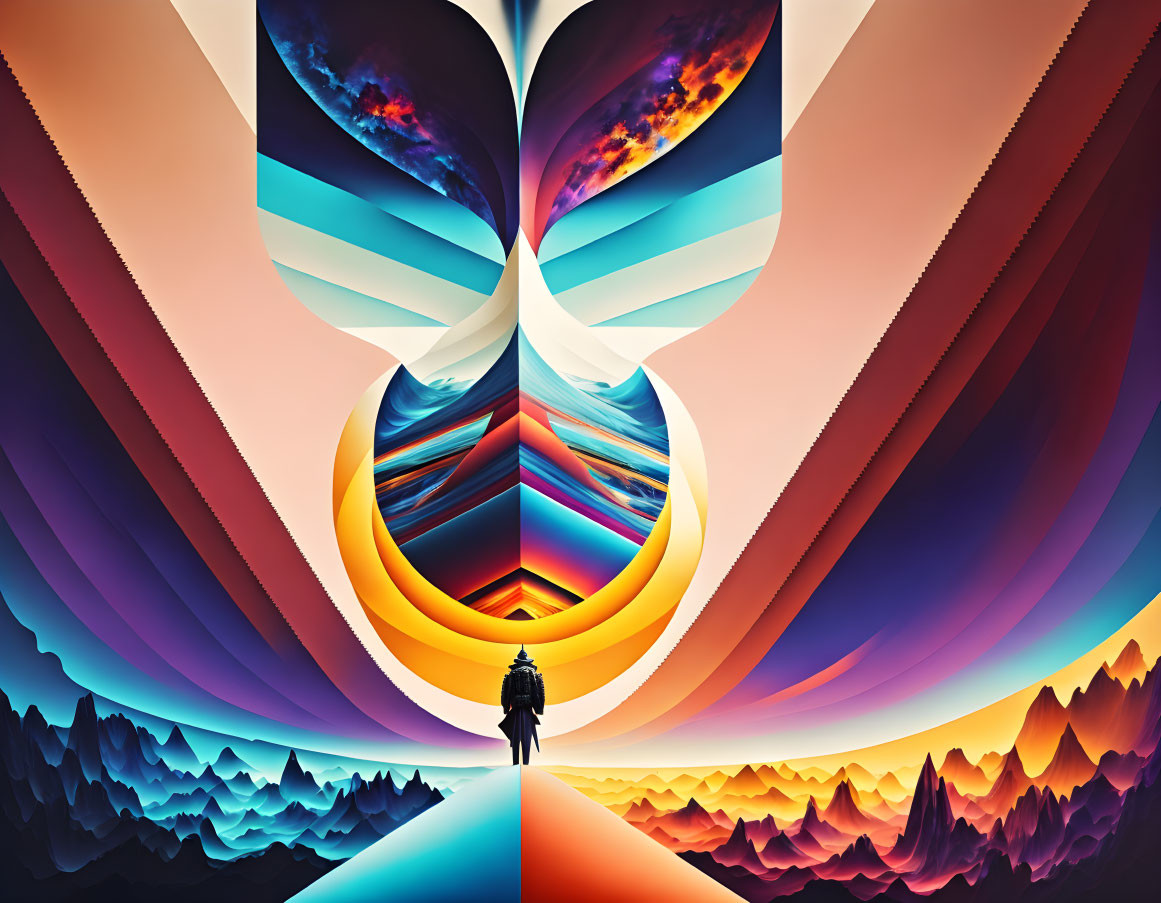 Vibrant surreal landscape with abstract shapes and swirling colors.