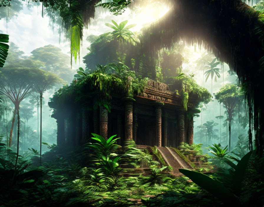 Overgrown Ancient Temple in Misty Jungle