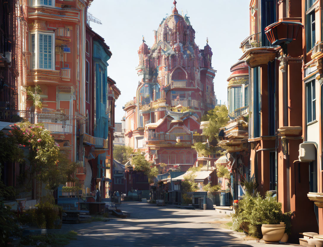 Sunlit European street with baroque church and blue sky