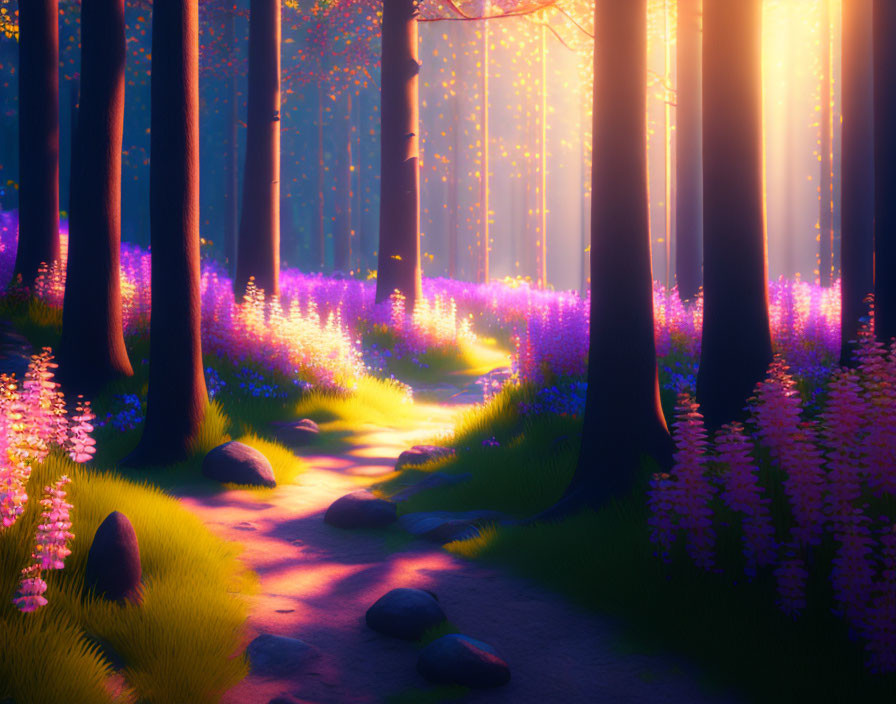 Scenic forest path with sunbeams, purple wildflowers, and stones