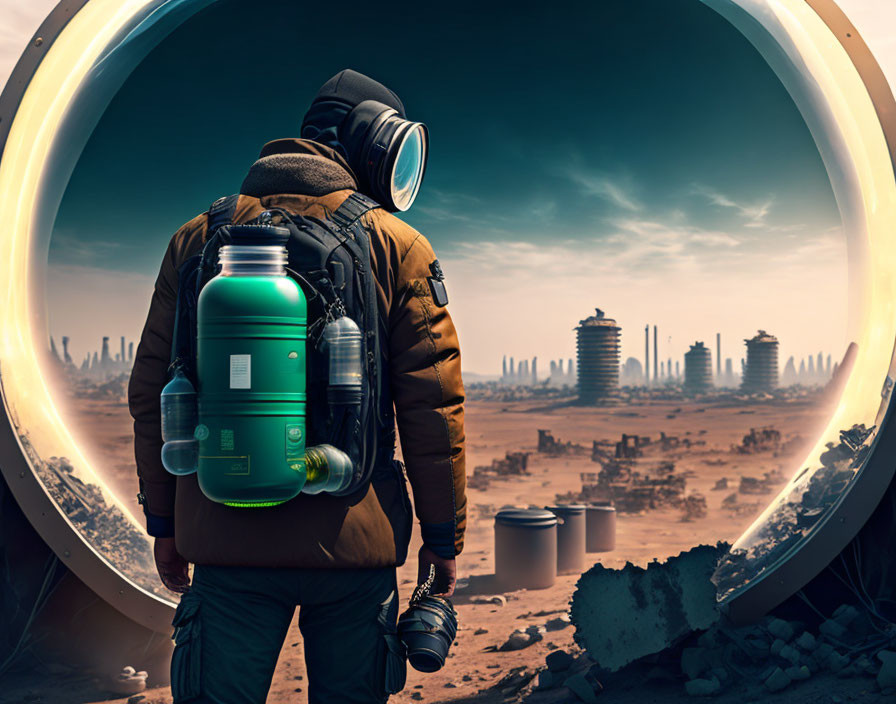 Outdoor enthusiast with backpack and camera gazes at futuristic cityscape.