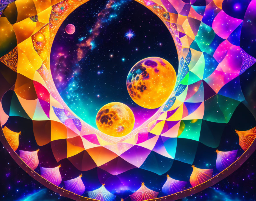 Colorful cosmic artwork: Rainbow wormhole, geometric patterns, yellow planets, starry space.