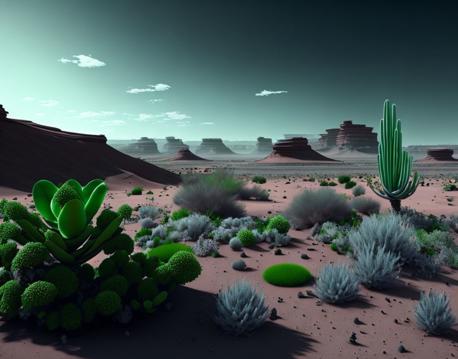 Surreal desert landscape with green cacti, plants, and rock formations