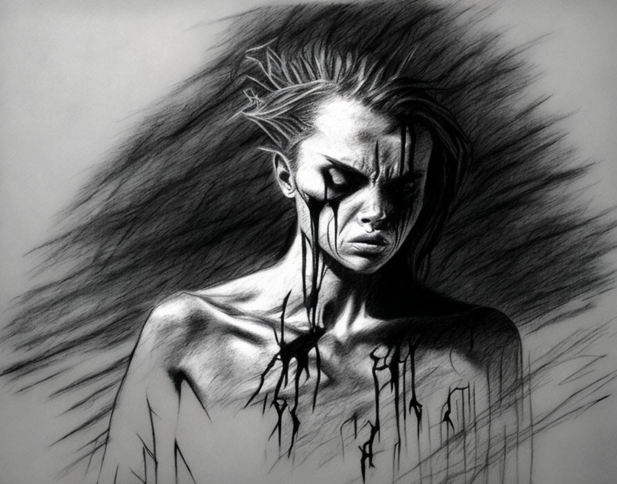 Monochrome sketch of somber, emaciated figure with dark sunken eyes