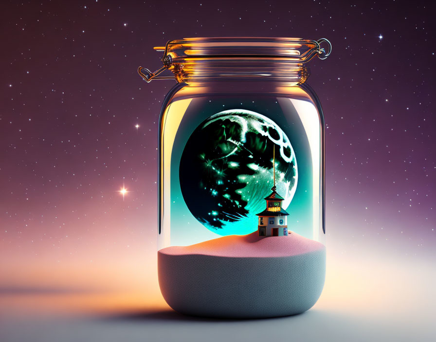 Surreal scene of small house in glass jar with glowing moon